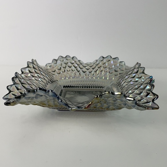 Iridescent Smokey Grey Carnival Glass Square Diamond Design Saw Tooth Edge Dish - Picture 3 of 10